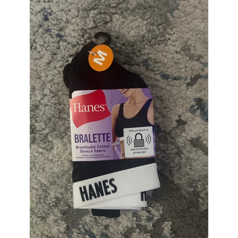 Hanes Womens Bralette Black Cotton Stretch Pullover Bra DGB101 Medium NEW